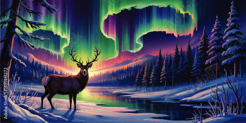 Majestic Deer Under Vibrant Northern Lights in Snowy Winter Forest, Aurora Borealis Night Landscape Illustration