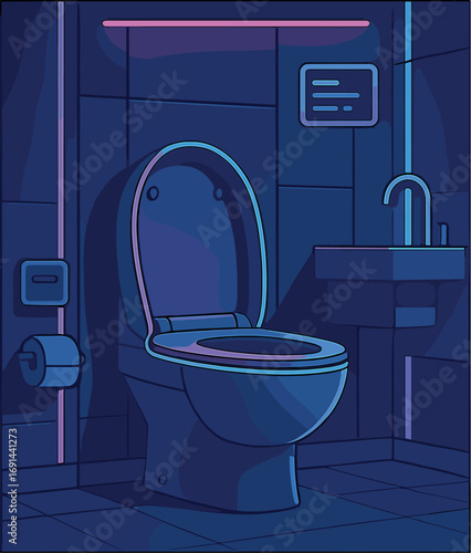 A contemporary sci‑fi bathroom featuring a futuristic toilet bowl and neon lighting