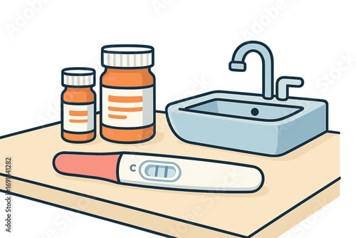 A pregnancy test beside pill bottles and a sink on a bathroom table