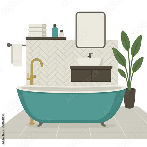 Elegant teal freestanding bathtub featuring contemporary bathroom design