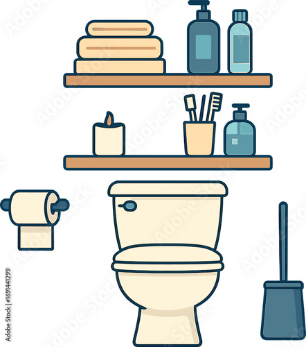 The restroom interior features a toilet bowl and shelves ed with bathroom accessories