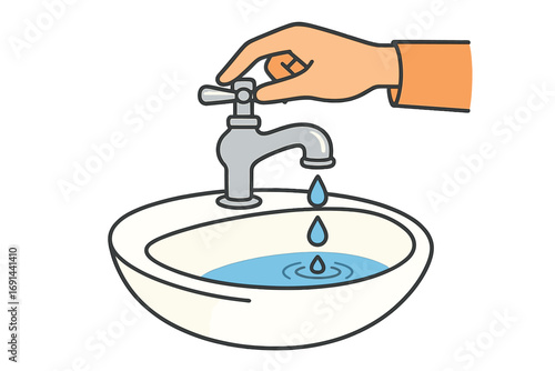 A hand shutting off a faucet while drops fall into the sink, conserving water