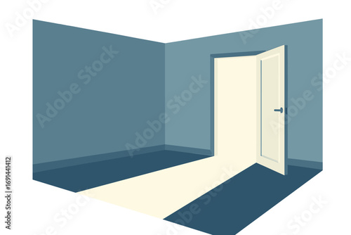 A vacant room, its door ajar, filled with light from beyond