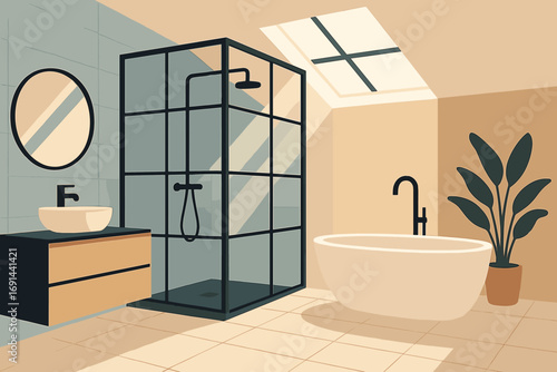 In modern interior design photography, a contemporary bathroom showcases a sleek black-framed glass shower enclosure and a freestanding bathtub illuminated by natural light pouring in through a