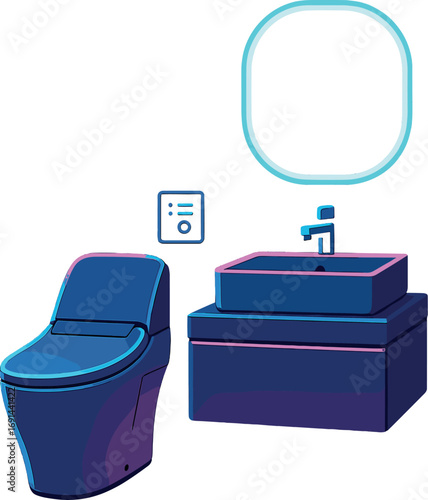 A futuristic bathroom interior featuring neon lighting, a smart toilet, a sink, and a mirror