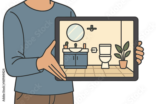 A designer holds a tablet displaying a sketch of a new restroom interior