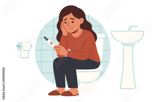 A sad, ill woman sits in the bathroom clutching a positive pregnancy test