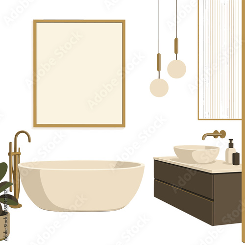 Discover the next era of opulence with a digital, AI-enhanced mock‑up of a high‑end bathroom, featuring a blank frame suitable for artwork, painting, photo, or poster in interior design