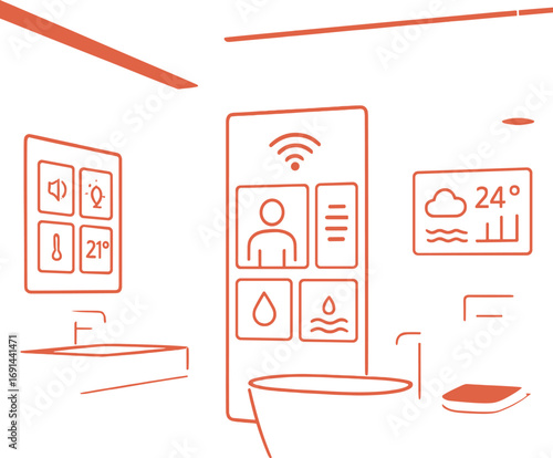 A futuristic smart bathroom featuring IoT touchscreen panels, minimalist red lighting, and modern industrial décor—an insight into the future of high‑tech connected home bathrooms