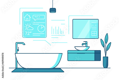 A contemporary bathroom design with a freestanding tub, minimalist vanity, and holographic displays highlights the future of smart home tech and upscale interior aesthetics