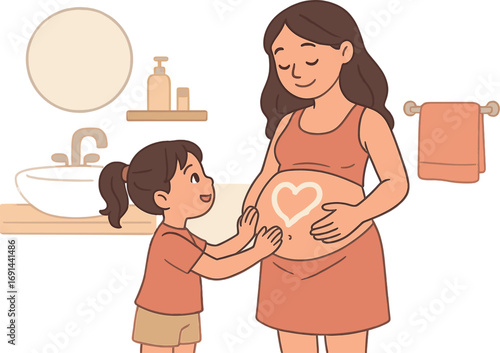In the bathroom, a little girl and her pregnant mother, with a heart-shaped cream on her belly, are together