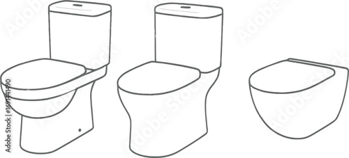 D rendering of minimalist toilets featuring a modern design with white hexagonal tiles