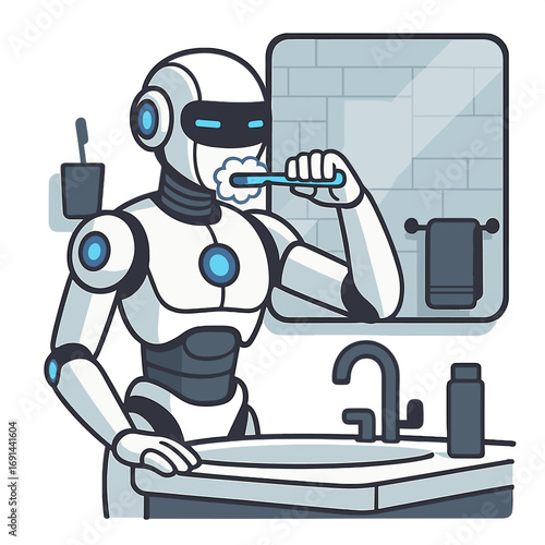 A futuristic robot cleans its teeth under blue glowing lights in a modern bathroom