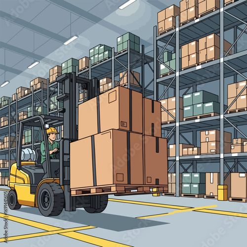 Forklift transporting boxes in a large warehouse.