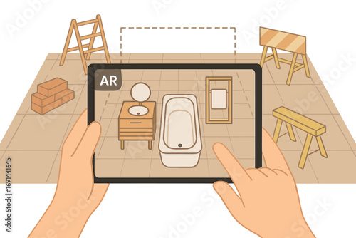Augmented reality illustration: a hand holding a tablet running an AR app that simulates furniture and design items on a construction site, including a bathroom with a bathtub, shown from a top view