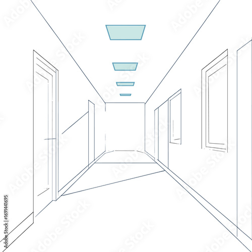 A long, austere corridor illuminated by cool artificial light, guiding toward an uncertain future, evokes minimalist elegance and quiet anticipation