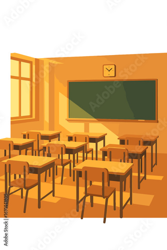An empty classroom, illuminated by warm sunlight, with rows of vacant desks facing the blackboard, stirs anticipation for the day's lessons and learning