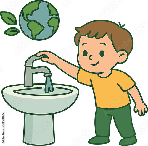 A child repeatedly turns off the running water in the bathroom to conserve water, helping protect the environment, green the planet, reduce global warming, safeguard the world, preserve life and the