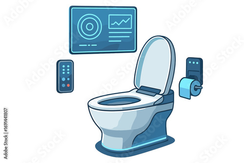 A futuristic toilet featuring LED lighting, interactive mirrors, and advanced technology, powered by