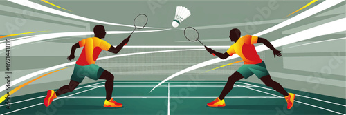 Dynamic Badminton Match Illustration – Energetic Players Competing Indoors, Fast Action, Modern Sports Vector Art