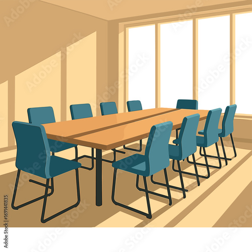 A contemporary vacant conference room featuring a long table illuminated by morning light and casting shadows