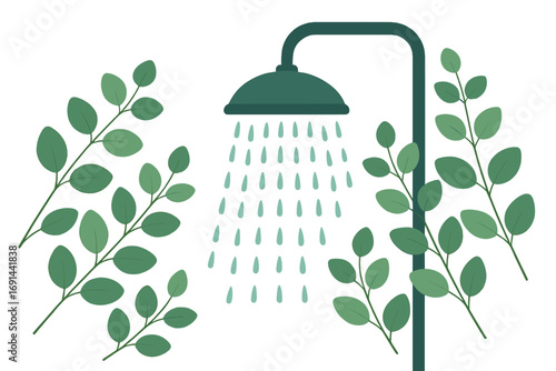A revitalizing shower scene featuring eucalyptus leaves, evoking a spa-like atmosphere