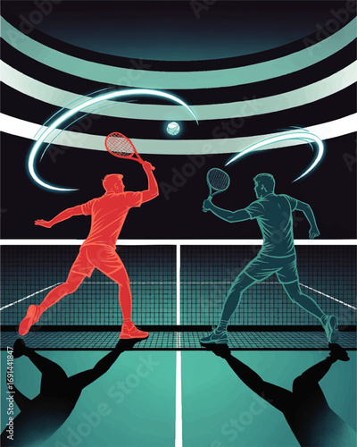 Dynamic Tennis Match Illustration – Neon Glow, Two Players Competing on Modern Court, Sports Vector Art for Posters and Ads