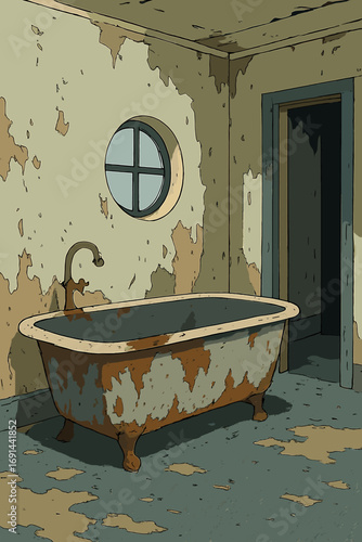 A weathered, corroded bathtub rests in a deserted bathroom, its walls peeling and a circular window