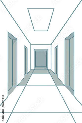 Serene Corridor: A minimalist passage illuminated evenly, evoking modern purity and spatial calm through its clean lines and geometric symmetry