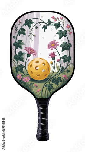 Botanical Pickleball Paddle Illustration with Yellow Ball and Floral Vines, Nature Inspired Sports Art Isolated on White
