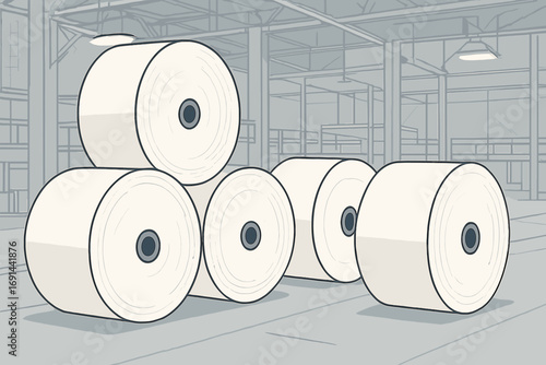 Big rolls of white paper kept in a factory for upcoming production requirements