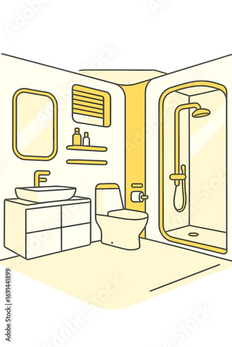 A futuristic apartment’s modern bathroom interior, featuring white and yellow hues, was imagined using