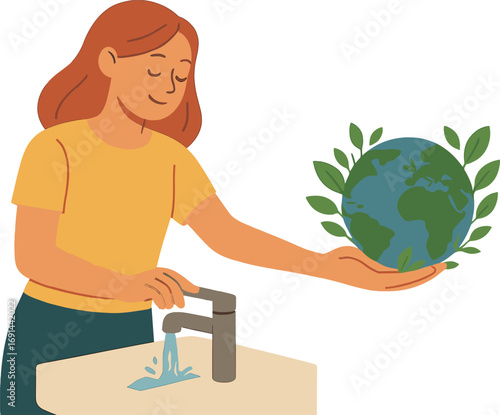 By turning off the running water in the bathroom, a woman helps protect the environment, greening the planet, reducing global warming, saving the world, life, and the future, while mitigating energy