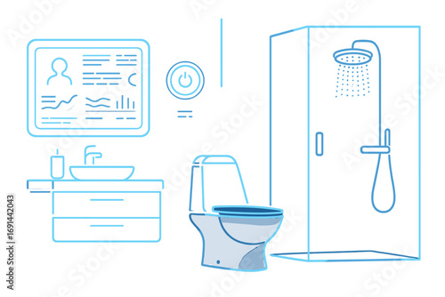 Modern, high‑tech bathroom interior featuring blue neon lighting and a digital interface