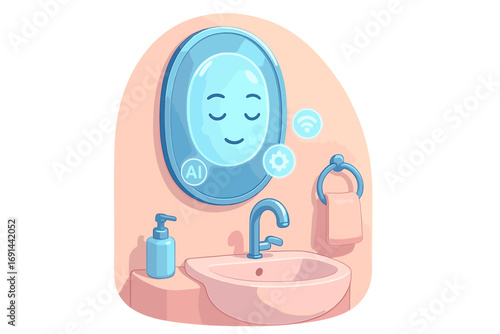 A glossy, soft 3D bathroom setting featuring an oval AI mirror that displays a gentle face and glowing icons, pastel walls, a rounded sink, and a white background