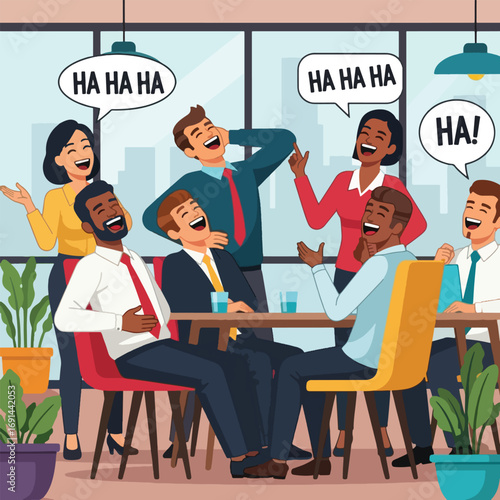 A diverse group of happy colleagues or friends laughing heartily together around a table in a modern office or cafe setting, with speech bubbles indicating laughter.