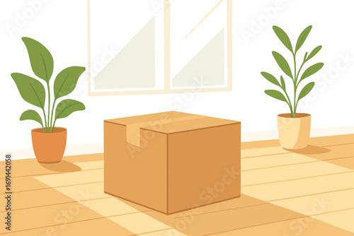 A cardboard box rests alone on a smooth wooden floor, illuminated by natural light from nearby windows in a bright, minimalist room with potted plants