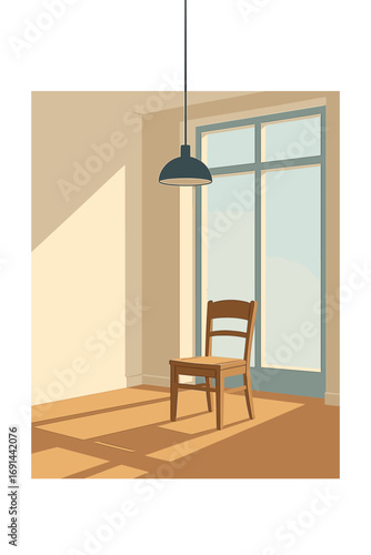 A sunlit, minimalist room with a single chair, expansive windows, and a pendant light