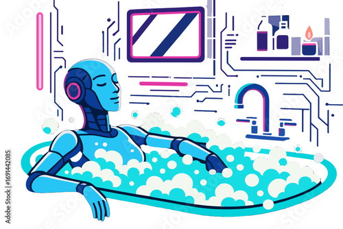 A futuristic android luxuriates in a bubble bath amid a cyberpunk bathroom illuminated by vibrant neon lights
