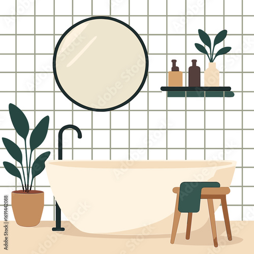 A stylish bathroom interior featuring green tiled walls, a round mirror, and a freestanding bathtub