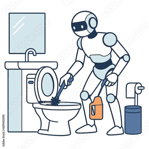 A modern robot is observed performing household chores, such as cleaning a toilet in a futuristic bathroom