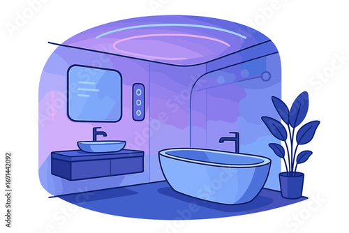 A sleek, sophisticated, futuristic bathroom design showcases a modern bathtub, minimalist fixtures, and cutting‑edge IoT‑controlled mood lighting, creating a serene, spa‑like immersive experience