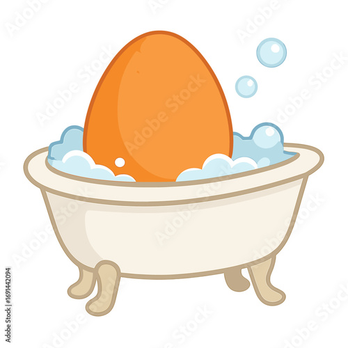 An orange‑painted egg rests in a white bathtub, marking the Easter holiday