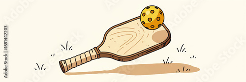 Hand Drawn Pickleball Paddle and Yellow Ball Illustration on Simple Background for Sports and Recreation Concepts