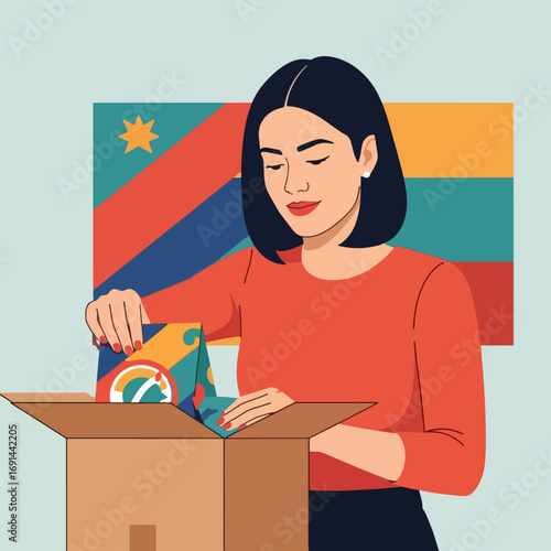 Woman unpacking a box with sustainable packaging, flag in background.