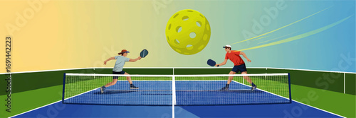 Dynamic Pickleball Match Illustration – Two Male Players Competing on Outdoor Court with Paddle and Ball Under Colorful Sky