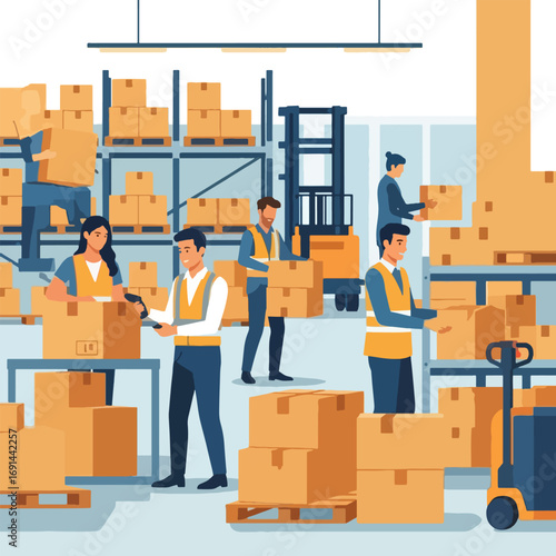 Warehouse workers are busy organizing and moving boxes with forklifts and pallet jacks.