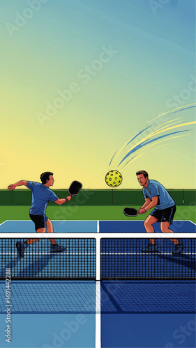 Vibrant Vector Illustration of Two Men Playing Pickleball on Outdoor Court at Sunset, Competitive Sports Concept
