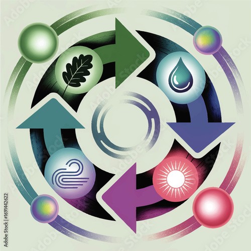 Circular Arrow Diagram of Four Elements: Air, Water, Sun, Leaf – Eco Sustainability Vector Concept Illustration