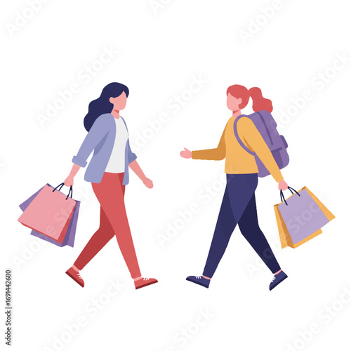 Two friends strolling leisurely with various pastel shopping bags in a delightful no-outline flat 2D vector illustration, set against a clean white background, capturing a relaxed shopping day.